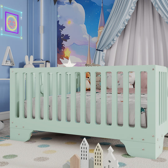 Full Size Montessori Floor Bed Frame with Safety Rails and Removable Door, Low Profile Kids Bed with Slatted Support
