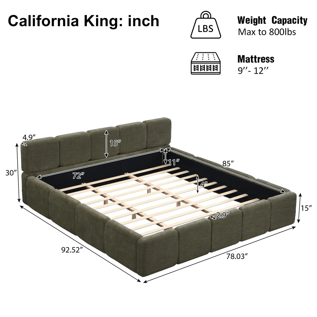 Modern Upholstered Bed Frame Block Style Grounded Bed with Thick Headboard, Lowprofile Wingback Bed Floor Bed Platform Bed Frame