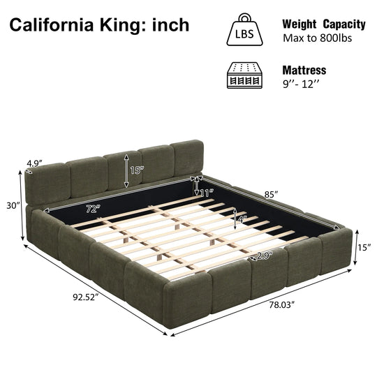 Modern Upholstered Bed Frame Block Style Grounded Bed with Thick Headboard, Lowprofile Wingback Bed Floor Bed Platform Bed Frame