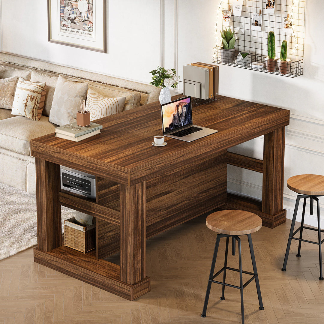 55-Inch Stationary Kitchen Island with Storage Shelves and Large Worktop, Farmhouse Style, Light Brown