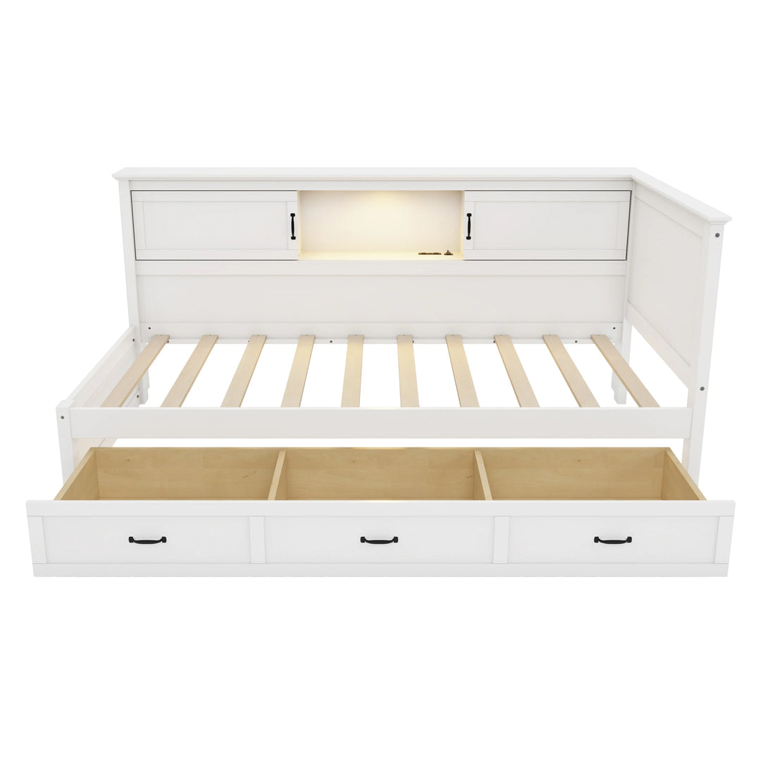 L-Shaped Corner Bed Frame with Drawer, Bookcase, LED Downlight and USB Port