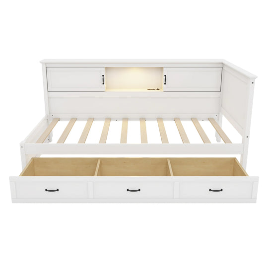 L-Shaped Corner Bed Frame with Drawer, Bookcase, LED Downlight and USB Port