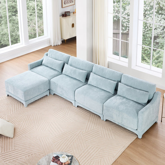 Modern Chenille 4-Seater Sofa with 2 Ottoman, Lumbar Cushions, Ergonomic Backrest, High-Resilience Spongeand Tufted Armrests
