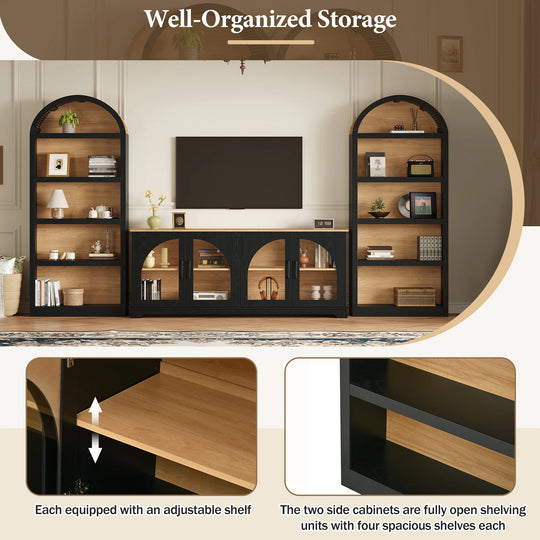 3-Piece Retro Entertainment Center for Tvs up to 70", Two-Tone Farmhouse TV Stand with Sideboard & Bookshelf
