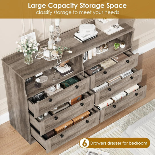 55" Black 6-Drawer Wood Dresser, Modern Storage Organizer for Bedroom, Living Room, Closet & Entryway