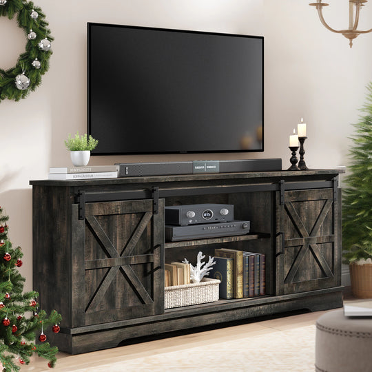 Farmhouse TV Stand with Barn Door Media Console Entertainment Center with Storage Cabinets
