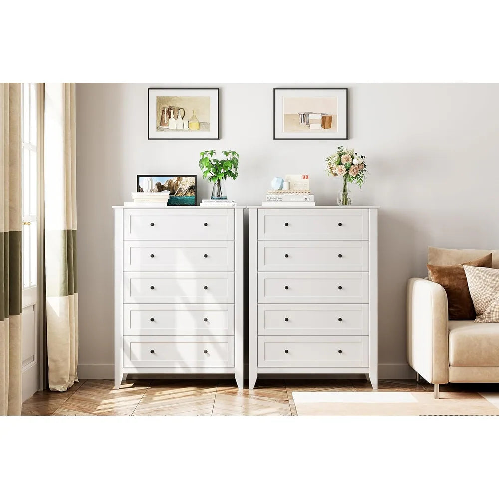 Modern Bedroom Nightstand with 5 Drawers & Metal Handles - Multifunctional Storage Cabinet,Easy Assembly for Living Room