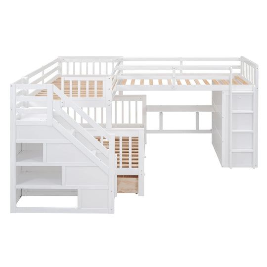 L-Shaped Bunk Bed with Three Drawers, Portable Desk and Wardrobe, Twin-Twin over Full Design