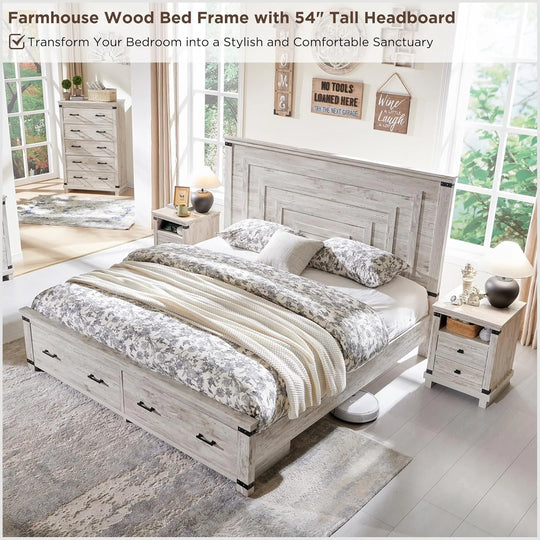 Farmhouse Wood Bed Frame with 54" Tall Headboard, 2 Large Drawers
