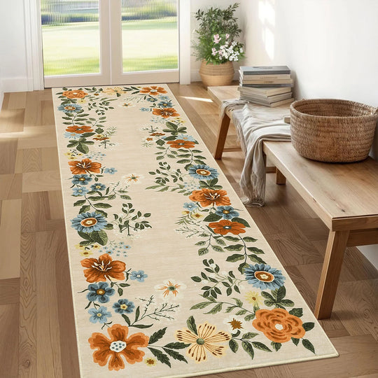 Floral Rugs Modern Indoor Soft Ultra-Thin Carpet Low Pile Flower Print Non Slip Throw Rug for Nursery Bedroom