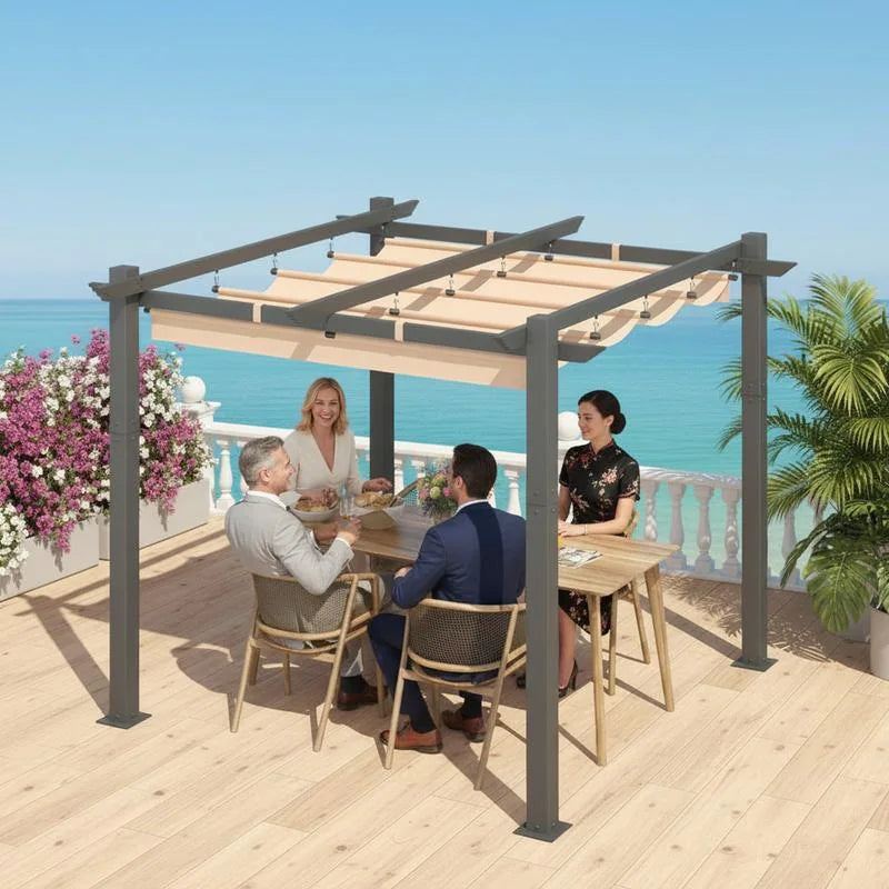 10' X 13' Outdoor Pergola with Retractable Canopy, Heavy-Duty Metal Frame and Adjustable Patio Shade Roof