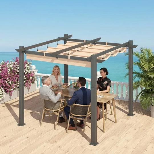 10' X 13' Outdoor Pergola with Retractable Canopy, Heavy-Duty Metal Frame and Adjustable Patio Shade Roof