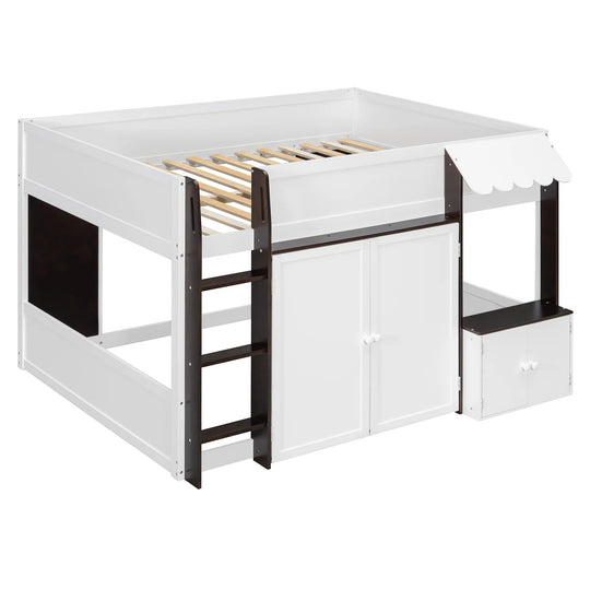 Full Loft House Bed with Playhouse Storage Modern Wood Cabin Bed for Kids
