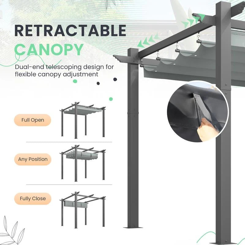 10' X 13' Outdoor Pergola with Retractable Canopy, Heavy-Duty Metal Frame and Adjustable Patio Shade Roof