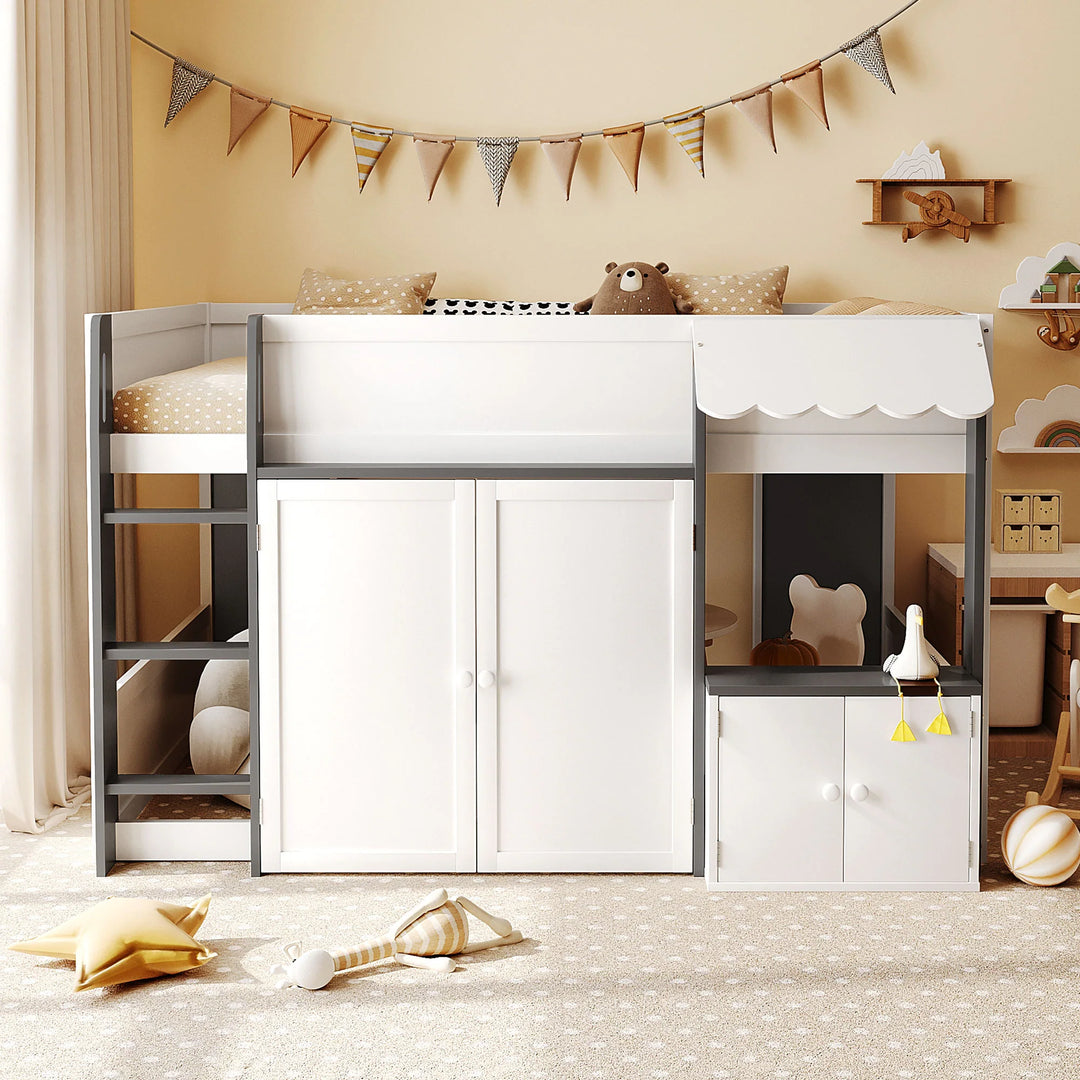 Full Loft House Bed with Playhouse Storage Modern Wood Cabin Bed for Kids