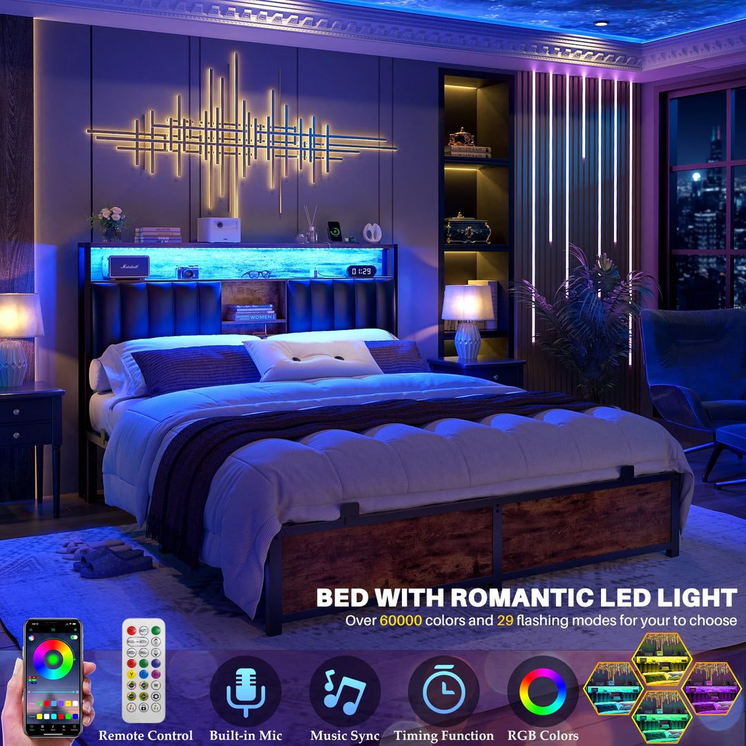 Upholstered Bed Frame with Storage Shelving, Platform Beds with Charge Station and LED Lights