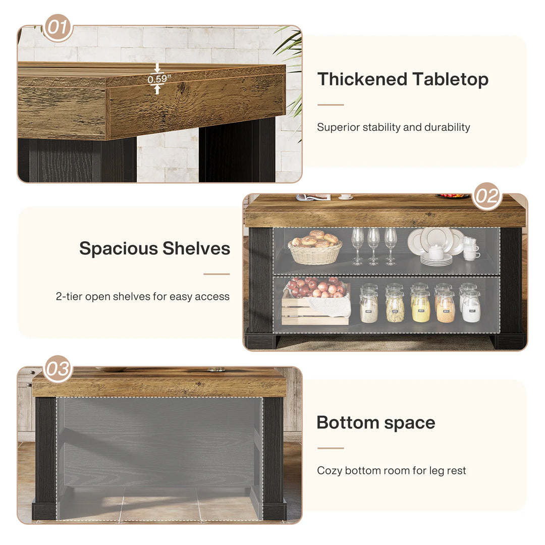 55-Inch Stationary Kitchen Island with Storage Shelves and Large Worktop, Farmhouse Style, Light Brown