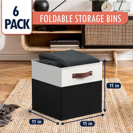 Foldable Collapsible Storage Box Bins Linen Fabric Shelf Basket Cube Organizer with Leather Handles - Set of 6