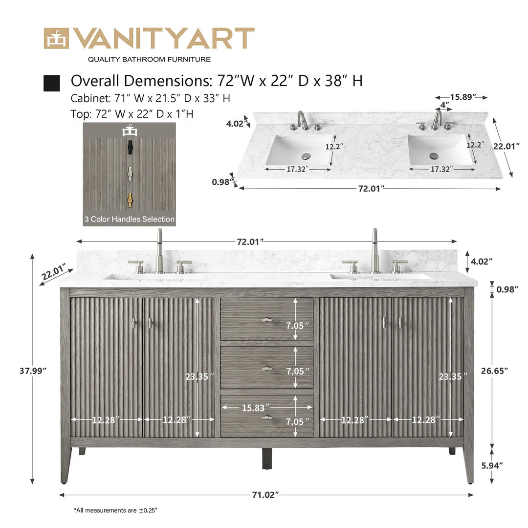 72" Double Sink Bathroom Vanity Cabinet with Engineered Marble Top