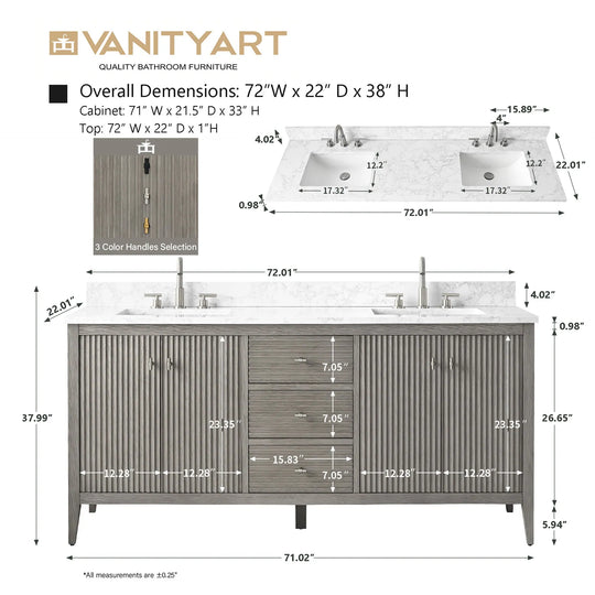72" Double Sink Bathroom Vanity Cabinet with Engineered Marble Top