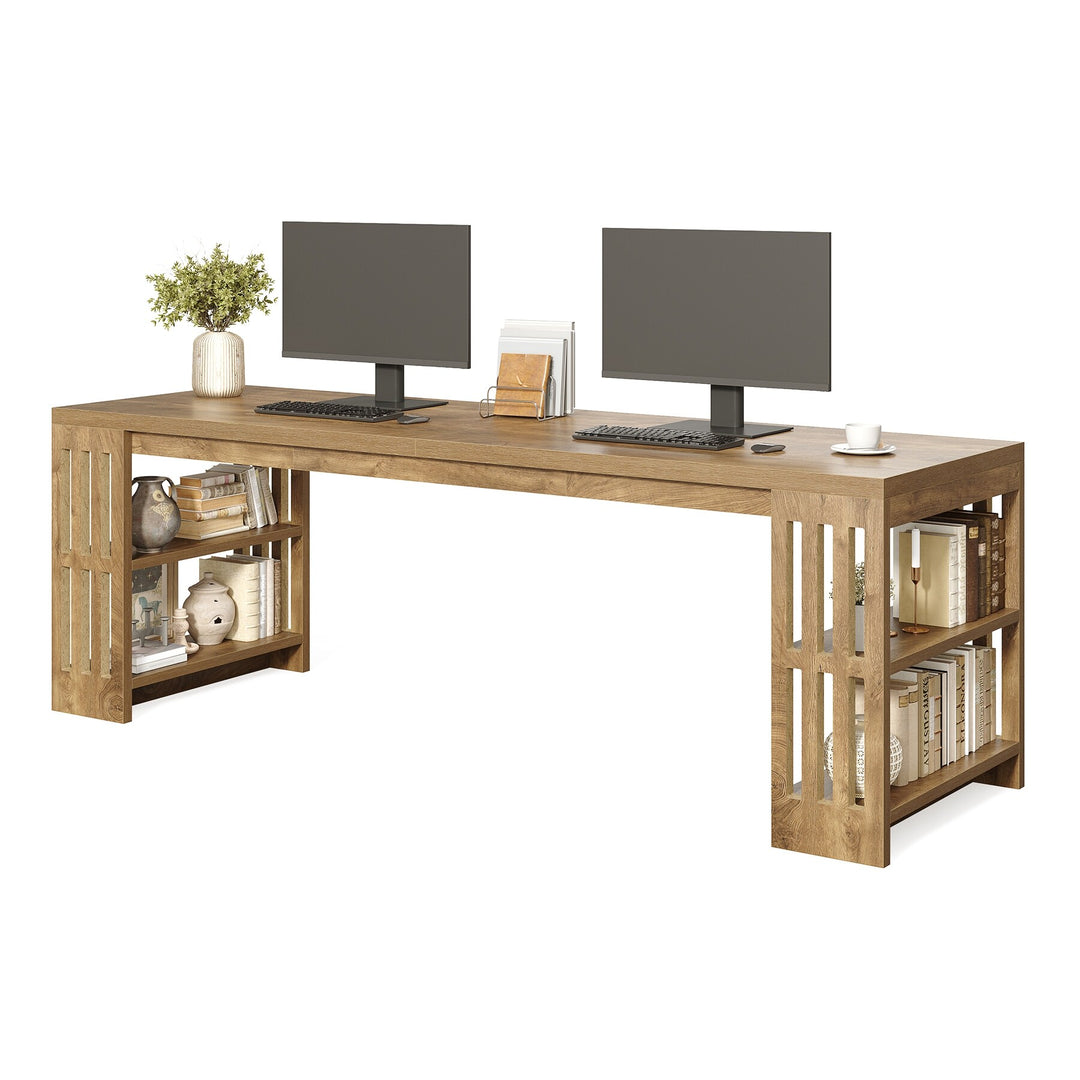 Two Person Desk with Bookshelf Computer Office Double Desk