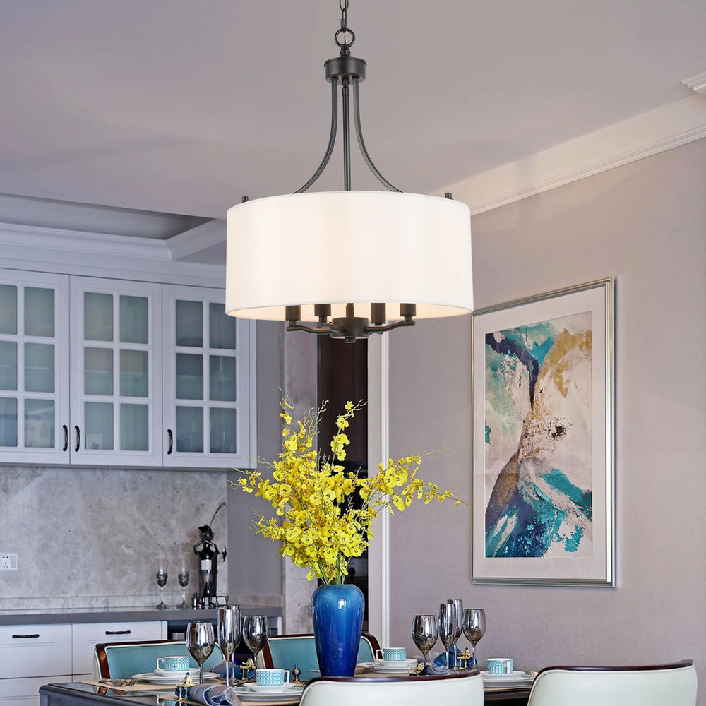Modern Farmhouse Drum 4-Light Transitional Chandelier with Fabric for Dining Room Foyer - 16'' L X 16'' W X 21.5'' H