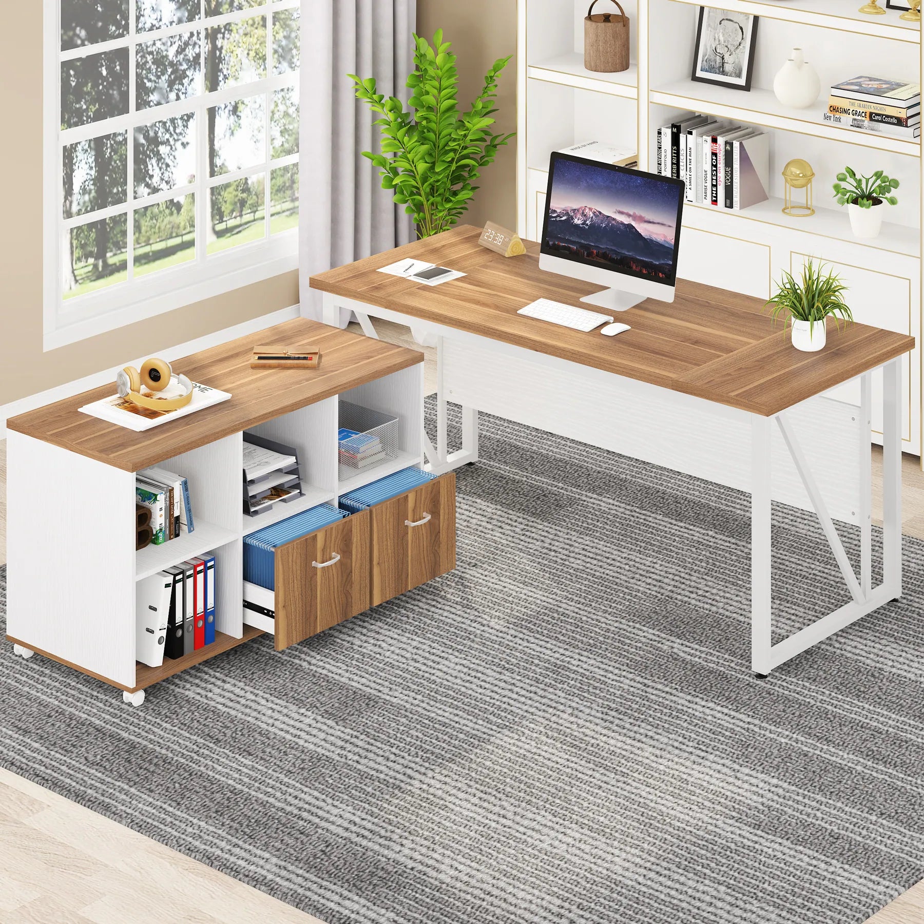 63" L-Shaped Computer Desk with 47 Inches Lateral File Cabinet, Executive Desk Home Office Furniture Desk Set