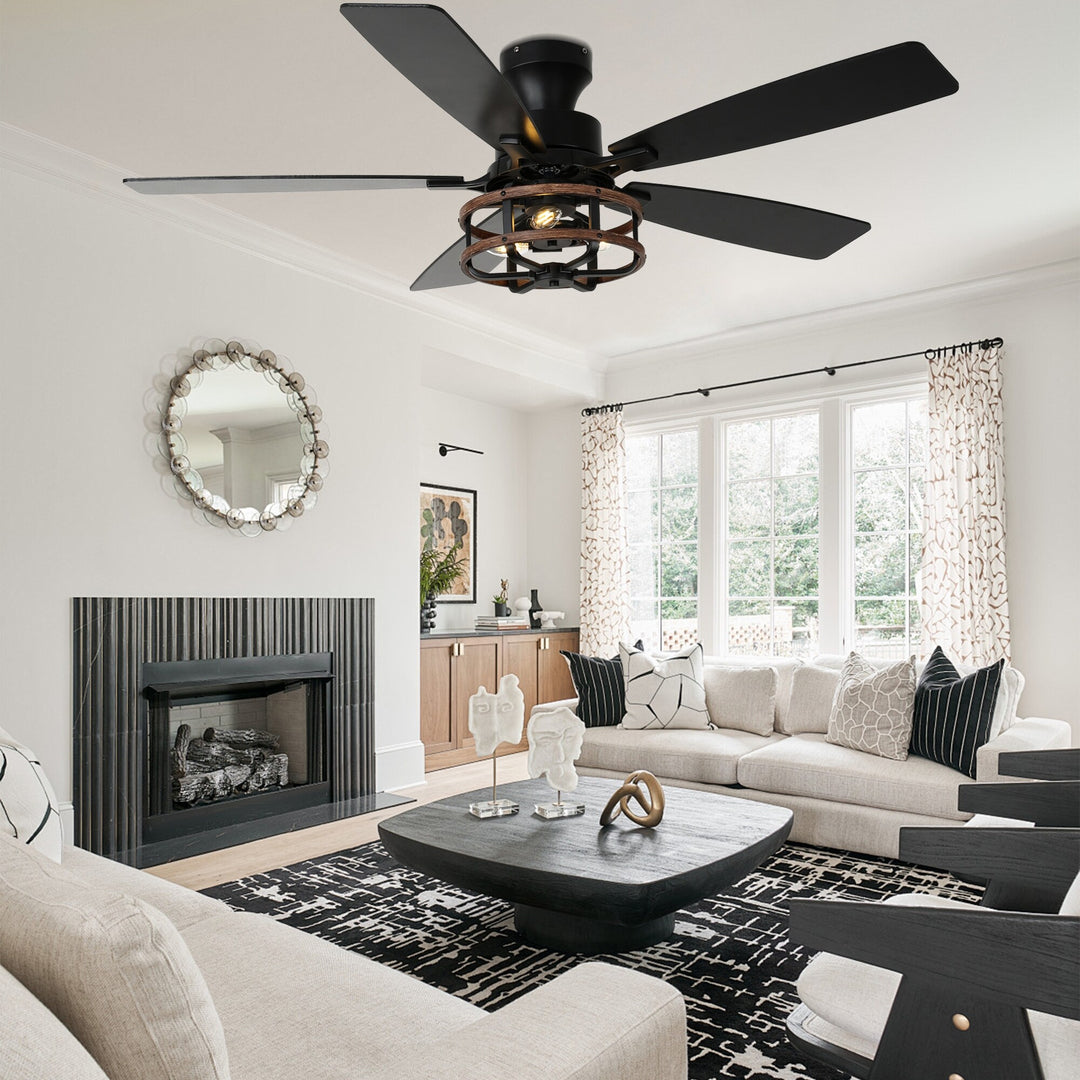52-In Farmhouse Black Caged Ceiling Fan with Lights and Remote Control, Low Profile Flush Mount Chandelier Ceiling Fan