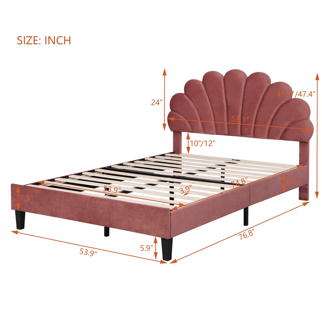 Upholstered Platform Bed with Flower Pattern Velvet Headboard