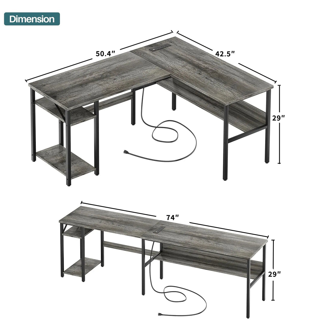 Reversible L Shaped Desk with Storage Shelves, Home Office Corner Desk with Charge Station