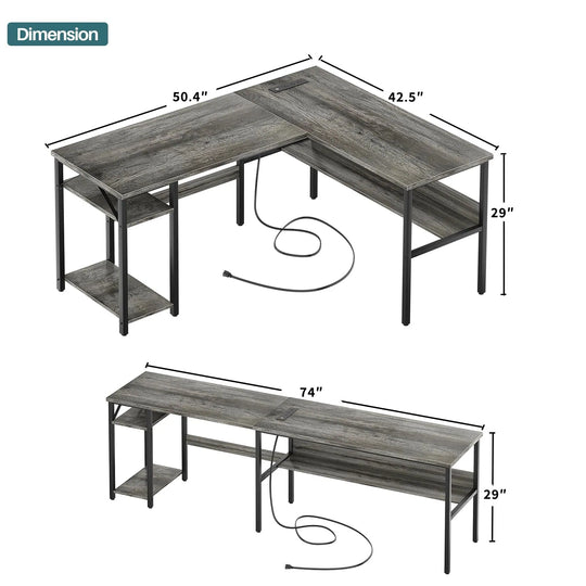 Reversible L Shaped Desk with Storage Shelves, Home Office Corner Desk with Charge Station