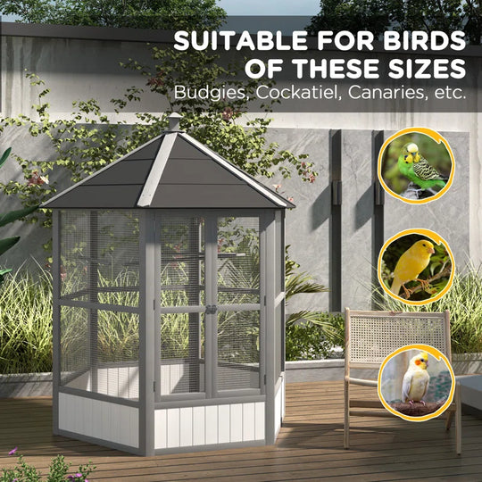 Large Wooden Hexagonal Outdoor Aviary Flight Bird Cage with Covered Roof, Light Gray