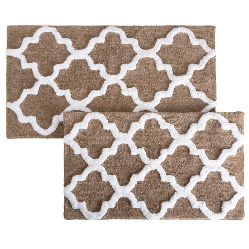 Bassam 2PC 100% Cotton Bathroom Rug Set - with Trellis Pattern and Non-Slip Base - Machine Washable Bathroom Mats