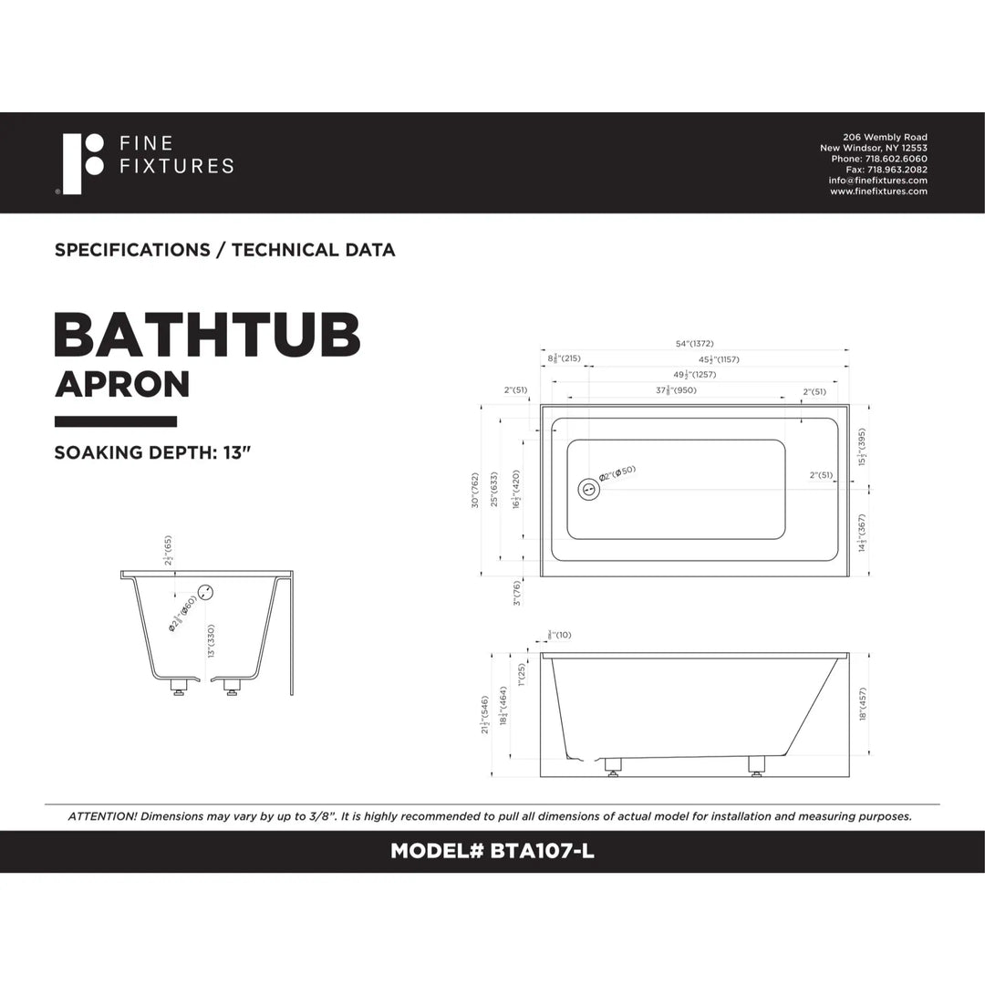 Acrylic-Fiberglass Soaking Bathtub, White. Alcove/Apron Front