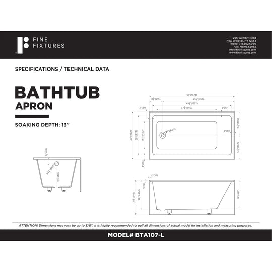 Acrylic-Fiberglass Soaking Bathtub, White. Alcove/Apron Front