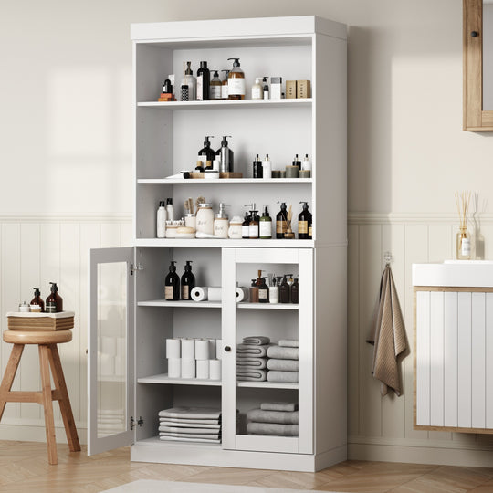 100% Solid Wood Bathroom & Laundry Storage Cabinet, Raised Panel Doors, Adjustable Shelves, 32" Wide, 71.5" Tall