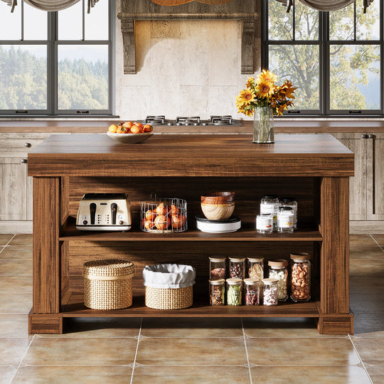 55-Inch Stationary Kitchen Island with Storage Shelves and Large Worktop, Farmhouse Style, Light Brown