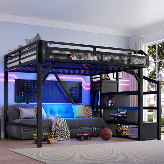Storage Stairs Loft Bed Queen Size Metal Bed Frame with Built-In Wardrobe, Shelves, Light Strip and Charging Station