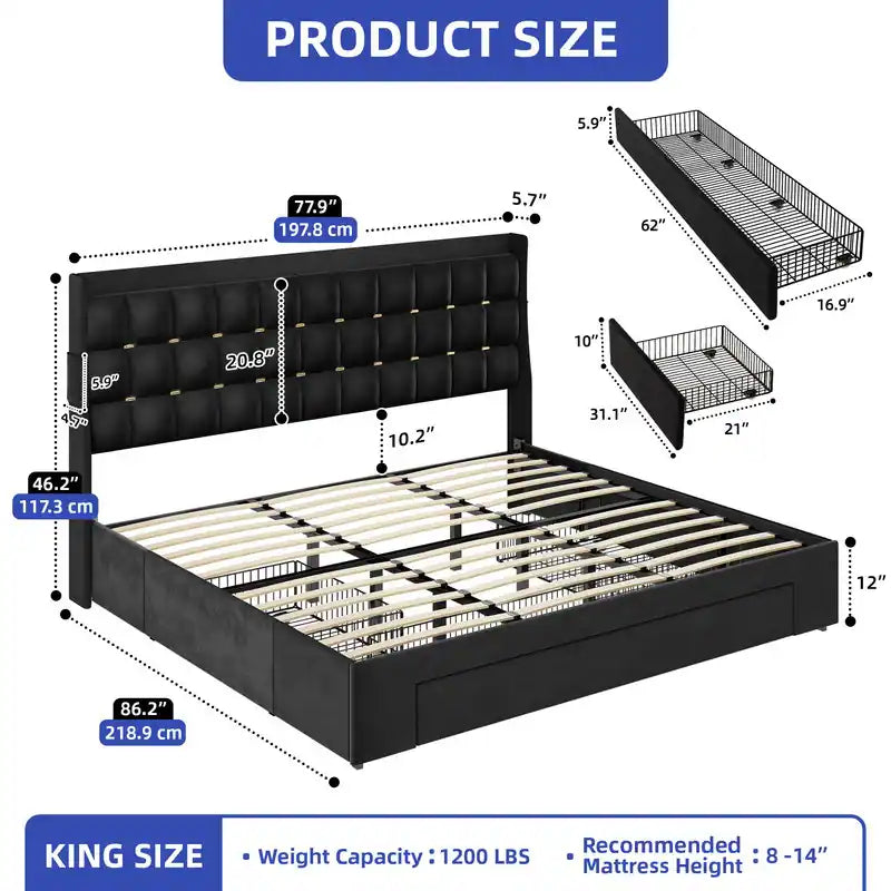 Queen/King Size Velvet Upholstered Bed with Charging Station and Storage Drawers