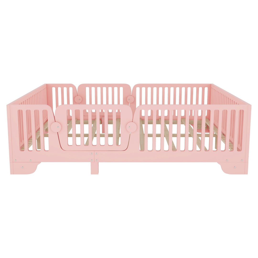 Full Size Montessori Floor Bed Frame with Safety Rails and Removable Door, Low Profile Kids Bed with Slatted Support