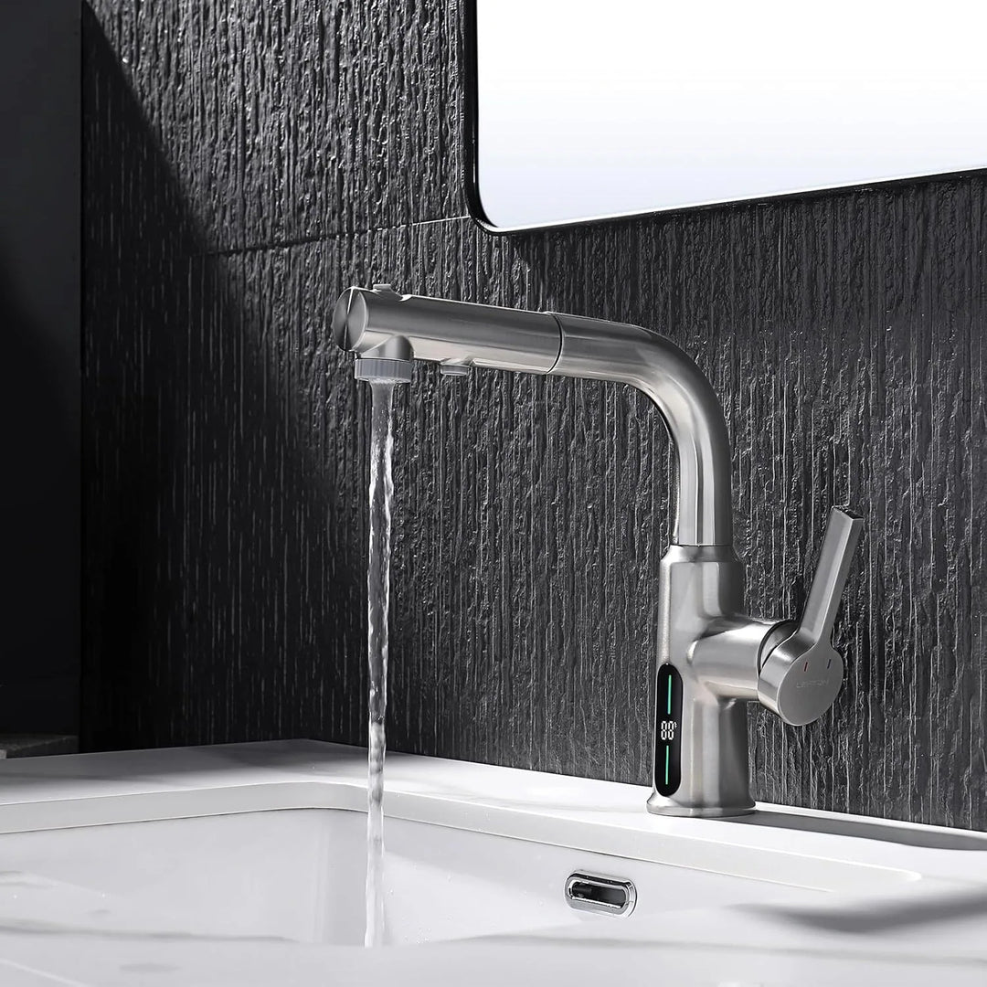 Single Hole Liftable Bathroom Faucet with Temperature Display in Fahrenheit, 3 Water Modes, BF2501