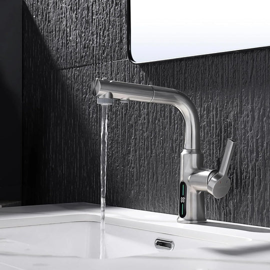 Single Hole Liftable Bathroom Faucet with Temperature Display in Fahrenheit, 3 Water Modes, BF2501