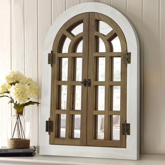 Vintage Wood Windowpane Arched Wall Mirror