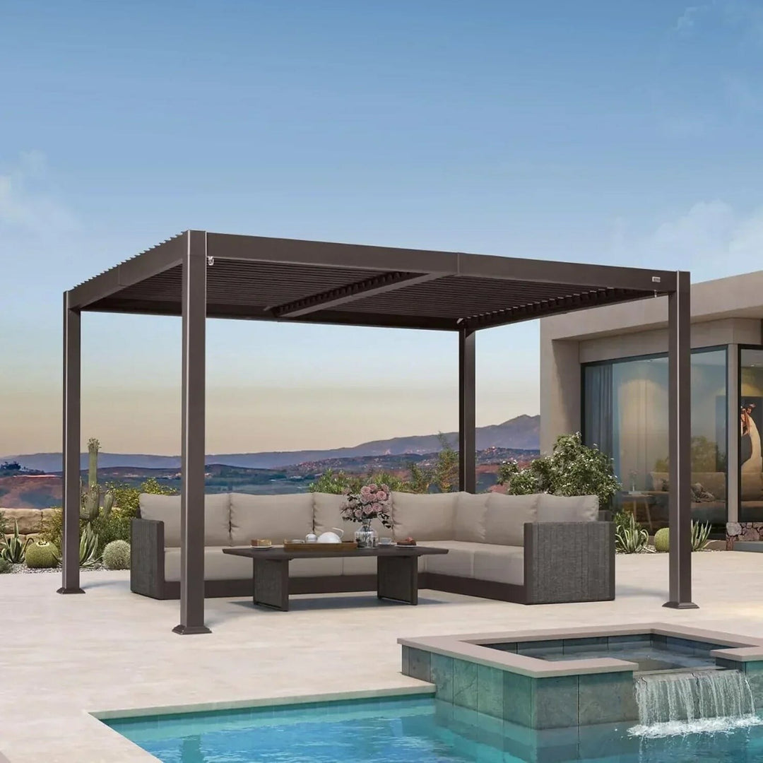 Solar Louvered Pergola with LED String Lights Aluminum Outdoor Pergola with Adjustable Roof for Patio Garden