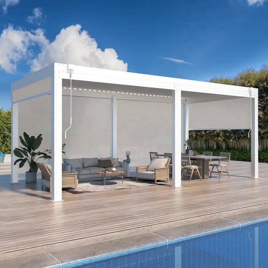 Outdoor Louvered Pergola Gazebo with Adjustable Aluminum Rainproof Roof and Pull-Down Screen