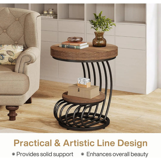 2 Tiers round End Table with Shelf Storage, Arc-Shaped Side Sofa Table