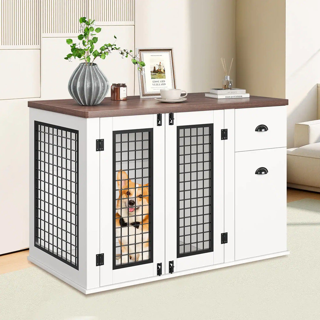 Dog Crate Furniture, with Drawer & Side Cabinet, Pet Kennel for Small to Medium Pet, White