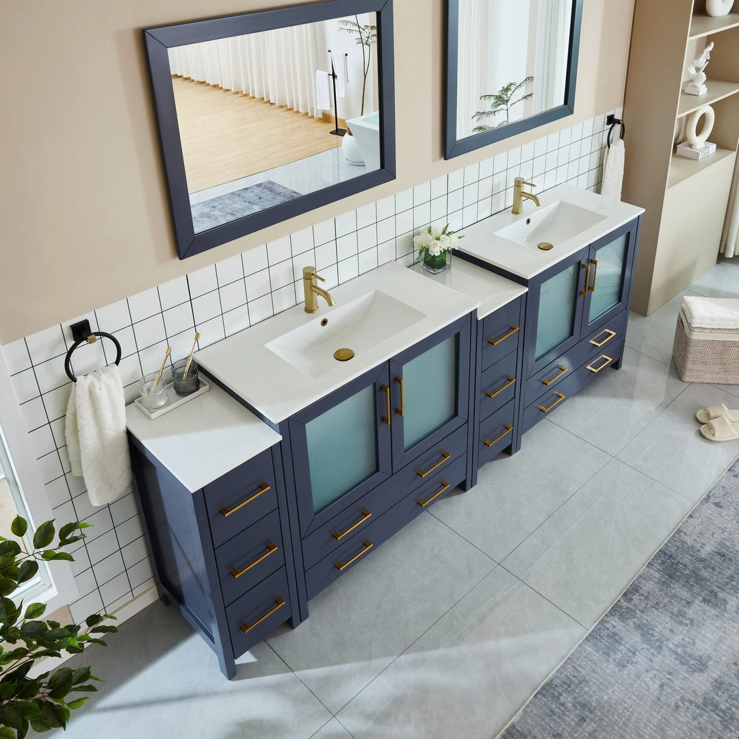 96" Double Sink Bathroom Vanity Set 10 Dove-Tailed Drawers, 3 Cabinets, 2 Shelves Soft-Closing Doors with Free Mirror
