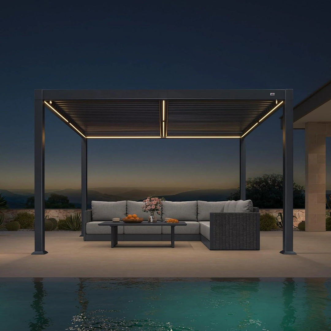 Solar Louvered Pergola with LED String Lights Aluminum Outdoor Pergola with Adjustable Roof for Patio Garden