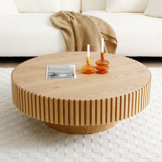 Modern Natural Black round Coffee Table with Sturdy Pedestal No Assembled